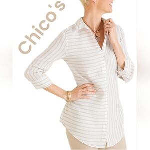 Chico's Women's Tan & Ivory Striped All Linen Button Front Shirt Sz 2P=12-14
